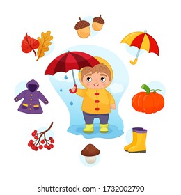 Vector Set signs of Autumn. Collection seasons. Illustration of cute boy with umbrella.
