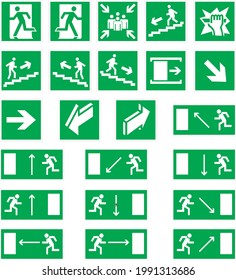 Vector set of signs for evacuation. Direction arrows where to run. Emergency exit. Evacuation in case of fire, earthquake, emergency