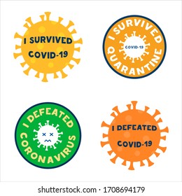 Vector set of signs, icons, medals or stickers about end of coronavirus and quarantine. Achievements and honours labels. Virus is defeated concept. 