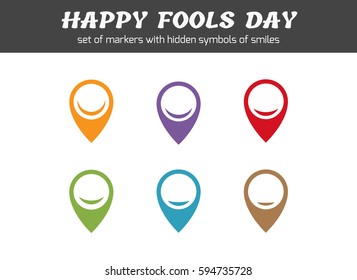 Vector set of signs for infographics. This markers with hidden symbols of smiles. It may be appropriate for indicate entertainment positive places on the map or infographics and for holiday on 1 April