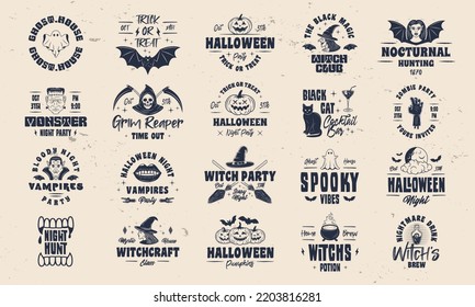 Vektorgrafik-Set von Zeichen und Logos im Halloween-Stil. Halloween-Logos für Poster, Embleme, Partyeinladungen. Druck für T-Shirt, tee. 20 unscharfe Logo-Designs.	