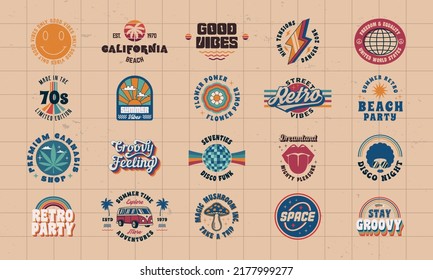 Vector set of signs and logos in Retro groovy style. Retro 70's logos set for music album, party invitation designs. Print for t-shirt, tee. 20 colorful vintage logo designs.	