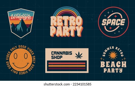 Vector set of signs and logos in retro Groovy style. Retro 70's logos set for disco club, music album, party invitation designs. Print for t-shirt, tee. 6 colorful groovy logo designs.