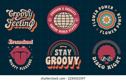 Vector set of signs and logos in retro Groovy style. Retro 70's logos set for disco club, music album, party invitation designs. Print for t-shirt, tee. 
