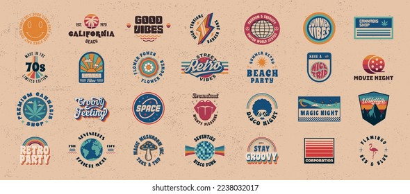 Vector set of signs and logos in Retro Groovy. Retro 70s logos for t-shirt, tee, typography design. 28 colorful hippie logo designs.