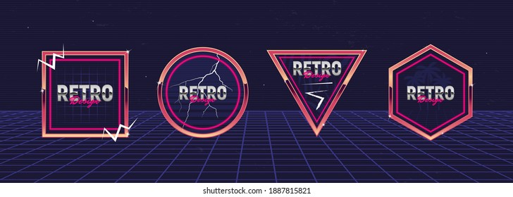 Conjunto vectorial de signos y logos en estilo Retrowave. Marcos geométricos del Retro 80 para discoteca, álbum de música, diseños de invitaciones a fiestas. Imprimir para camiseta, tee. Coloridos diseños de logos de neón.