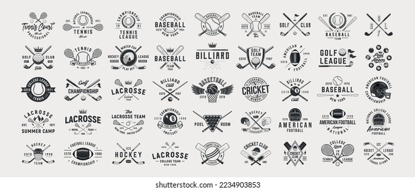 Vector set of signs and logos of Sport.  Hockey, American Football, Baseball, Billiard, Tennis, Cricket, Golf, Basketball, Lacrosse. Print for t-shirt. 45 sport logo designs.	