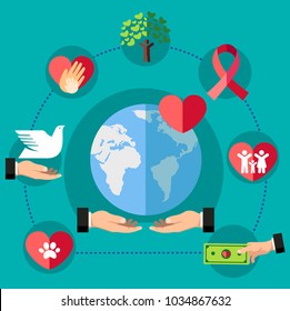 Vector set with signs of love and care for charity organizations in the world. Love, support, and donation concept.