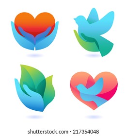 Vector set with signs of love and care - collection with icons for abstract logos and charity organizations