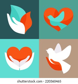 Vector set with signs of love and care - collection with icons for abstract logos and charity organizations
