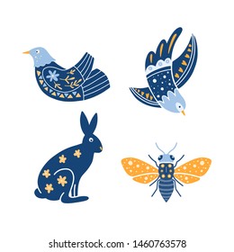 Vector set of signs in Scandinavian and Folk art style isolated on white. Bird, rabbit, bee