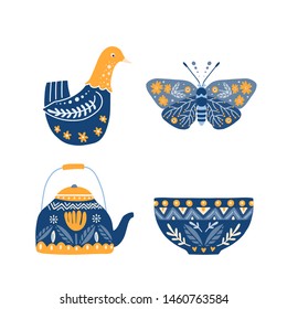 Vector set of signs in Scandinavian and Folk art style isolated on white. Duck, tea cup, teapot, butterfly