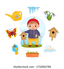 Vector Set signs of Spring. Collection seasons. Illustration of cute boy with birdhouse.
