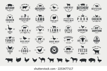 Vector set of signs, stamps and logos of Farm Animals. 12 Farm Animals silhouettes. Cow, Chicken, Pig, Lamb, Horse, Duck, Turkey, Goat. 35 animals logo designs.	