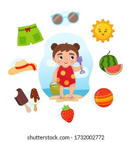 Vector Set signs of Summer. Collection seasons. Illustration of cute girl on the beach.
