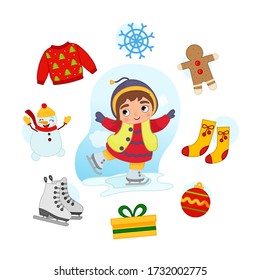 Vector Set signs of Winter. Collection seasons. Illustration of cute girl skates.