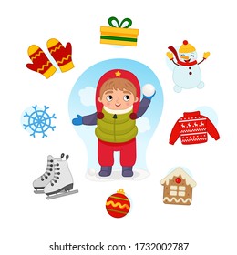 Vector Set signs of Winter. Collection seasons. Illustration of cute boy playing snowballs.