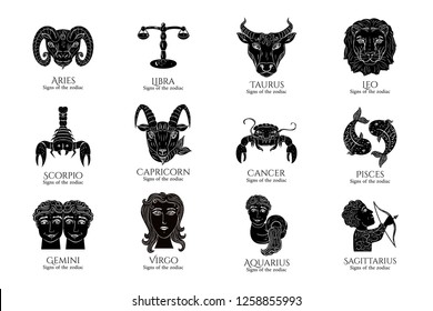 Vector Set Signs of the zodiac. Symbol hand draw Aries Taurus Gemini Cancer Leo Virgo Libra Scorpio Sagittarius Capricorn Aquarius Pisces. Vector isolated on a black round background.