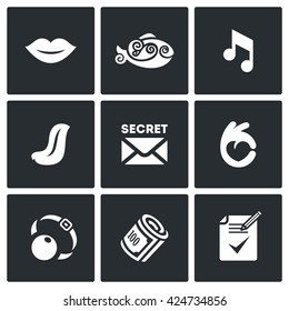 Vector Set of Silence Icons. Muteness, fish, sound, language, secret, gesture, gag, bribe, document on the non-disclosure. Preservation of silence and keeping secrets. Symbols on a White Background