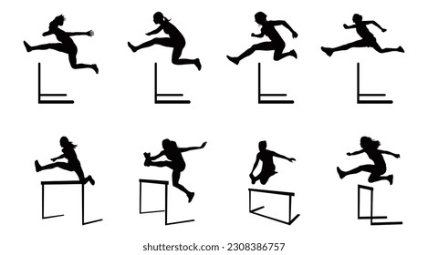 Vector set Silhouette of Athlete woman hurdling in track. Women's hurdles race silhouette isolated vector design