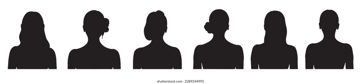 Un conjunto vectorial de iconos de perfil de avatares de silueta con representaciones de retratos femeninos.