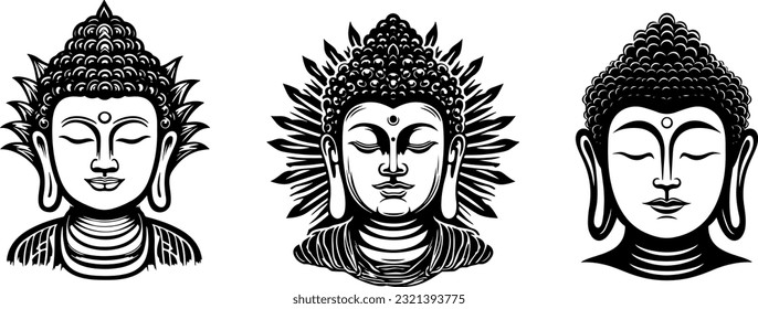 Vector set silhouette of Buddha line drawing. Sketch of meditating buddah statue. Vector illustration isolated on white keep calm