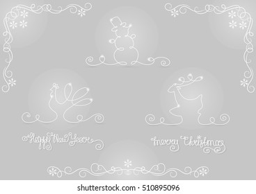 vector set of silhouette christmas and new year symbols, Deer, snowman, rooster. Highlighted with glowing sparkle. Lettering Marry Christmas and Happy New Year