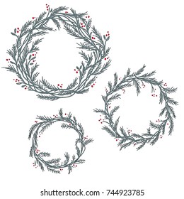 Vector set of silhouette of christmas wreath. Hand drawn branches and berries, circle frames or borders
