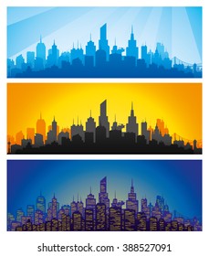 Vector set. Silhouette of the city at different times of the day