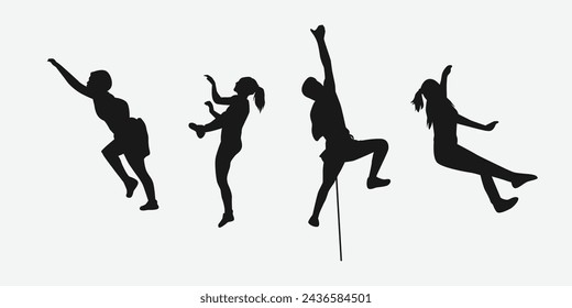 Vector set silhouette of climbing sport, mountain rock climber. Extreme sport concept. Isolated background. Vector illustration.