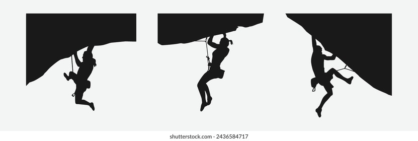 Vector set silhouette of climbing sport, mountain rock climber. Extreme sport concept. Isolated background. Vector illustration.