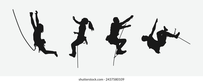 Vector set silhouette of climbing sport, mountain rock climber. Extreme sport concept. Isolated background. Vector illustration.