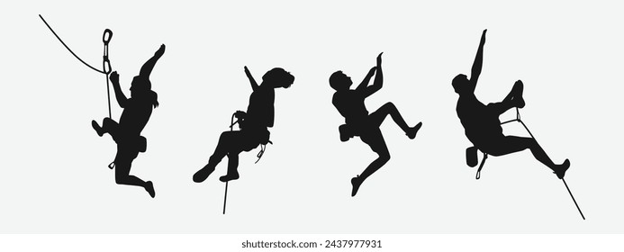 Vector set silhouette of climbing sport, mountain rock climber. Extreme sport concept. Isolated background. Vector illustration.