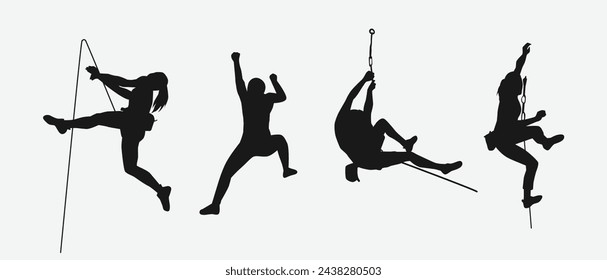 Vector set silhouette of climbing sport, mountain rock climber. Extreme sport concept. Isolated background. Vector illustration.