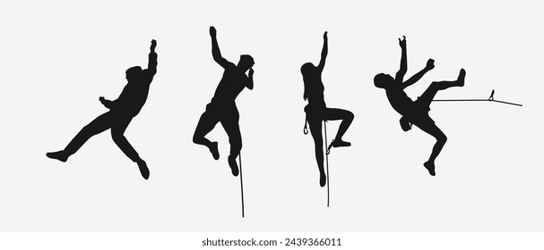 Vector set silhouette of climbing sport, mountain rock climber. Extreme sport concept. Isolated background. Vector illustration.