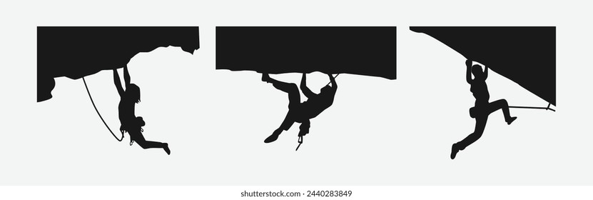 Vector set silhouette of climbing sport, mountain rock climber. Extreme sport concept. Isolated background. Vector illustration.