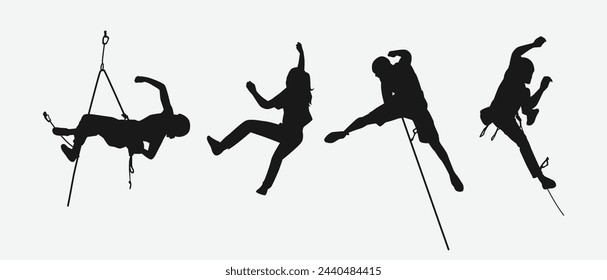 Vector set silhouette of climbing sport, mountain rock climber. Extreme sport concept. Isolated background. Vector illustration.