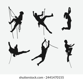 Vector set silhouette of climbing sport, mountain rock climber. Extreme sport concept. Isolated background. Vector illustration.