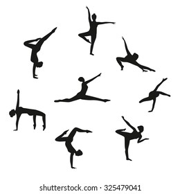 Vector Set of silhouette dancing girl. Set of gymnastic silhouette. Silhouette women dancing isolated on white background. Black woman dancer set.