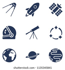 Vector Set of Silhouette Dark Blue Space Icons. Astronomy Symbols.