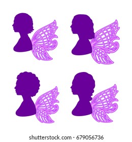 Vector set silhouette fairy whith wings illustration.Concept of girlish children's decoration.