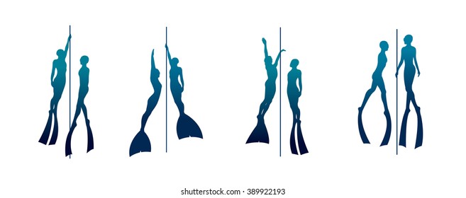 Vector set with silhouette of free divers and rope. Couple of isolated freedivers.