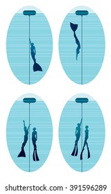 Vector set with silhouette of free divers on a blue background. Couple of freedivers with rope and buoy.