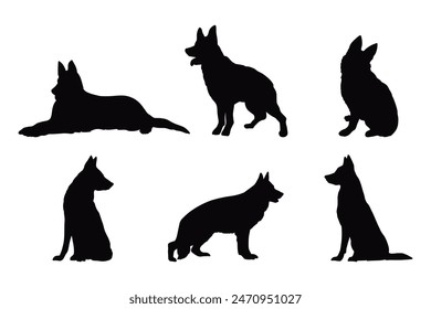 Vector set silhouette of German shepherd dog Isolated white background.