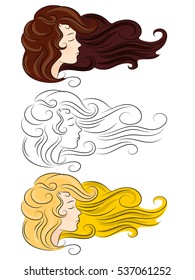 vector set silhouette of a girl with developing thick hair different color isolated on white background. Eyes closed, she dozing sleep dreaming