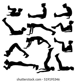 Vector set of silhouette of a girl trains on white. Exercises on the lower press.