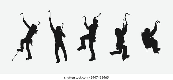 Vector set silhouette of ice climbing. Mountaineering, extreme sport concept. Isolated background. Vector illustration.