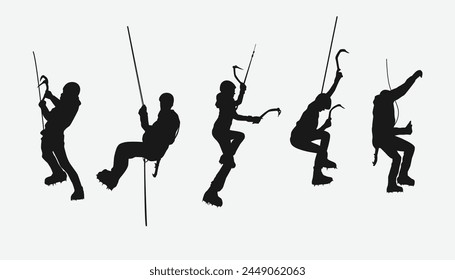 Vector set silhouette of ice climbing. Mountaineering, extreme sport concept. Isolated background. Vector illustration.