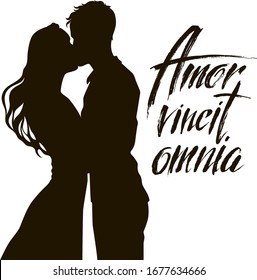 Vector set. Silhouette of a kissing  couple . Young man and woman. Black on white. Quote "Love wins all" in Latin. Romantic design for postcards, posters for weddings, Valentine's day