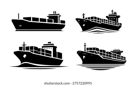 vector set silhouette logo of cargo container ship or expedition service (black)
